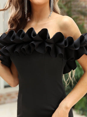 Color=Black | Sweet Ruffled Off Shoulder Long Fishtail Evening Dress-Black 4