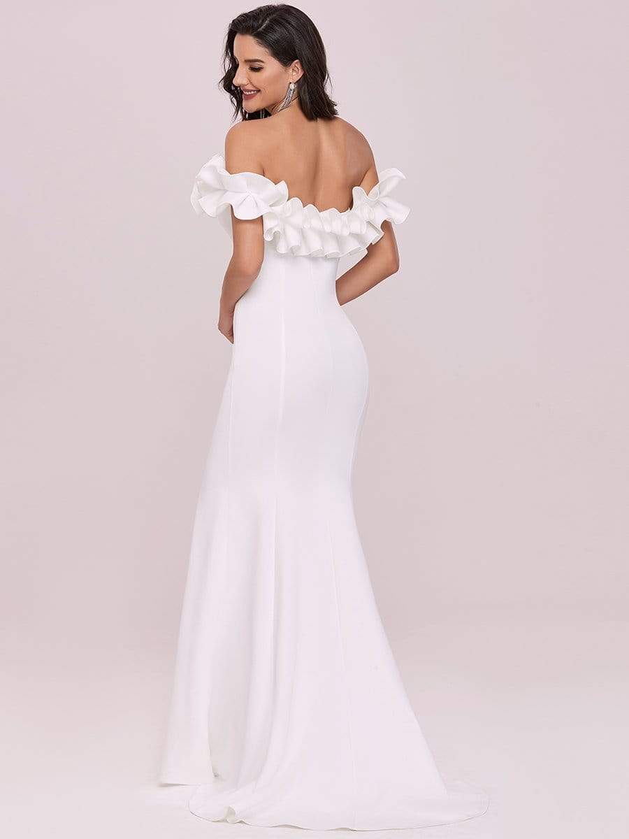 Color=Cream | Sweet Ruffled Off Shoulder Long Fishtail Evening Dress-Cream 7