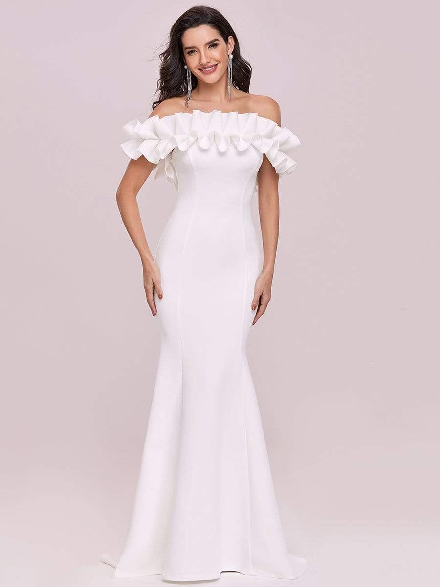 Color=Cream | Sweet Ruffled Off Shoulder Long Fishtail Evening Dress-Cream 5