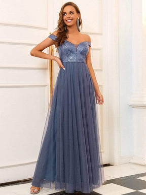 Color=Dusty Navy | Stunning High Waist Tulle & Sequin Sleevless Evening Dress-Dusty Navy 1