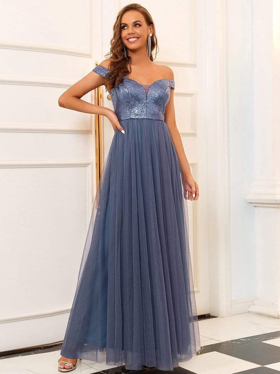 Color=Dusty Navy | Stunning High Waist Tulle & Sequin Sleevless Evening Dress-Dusty Navy 1