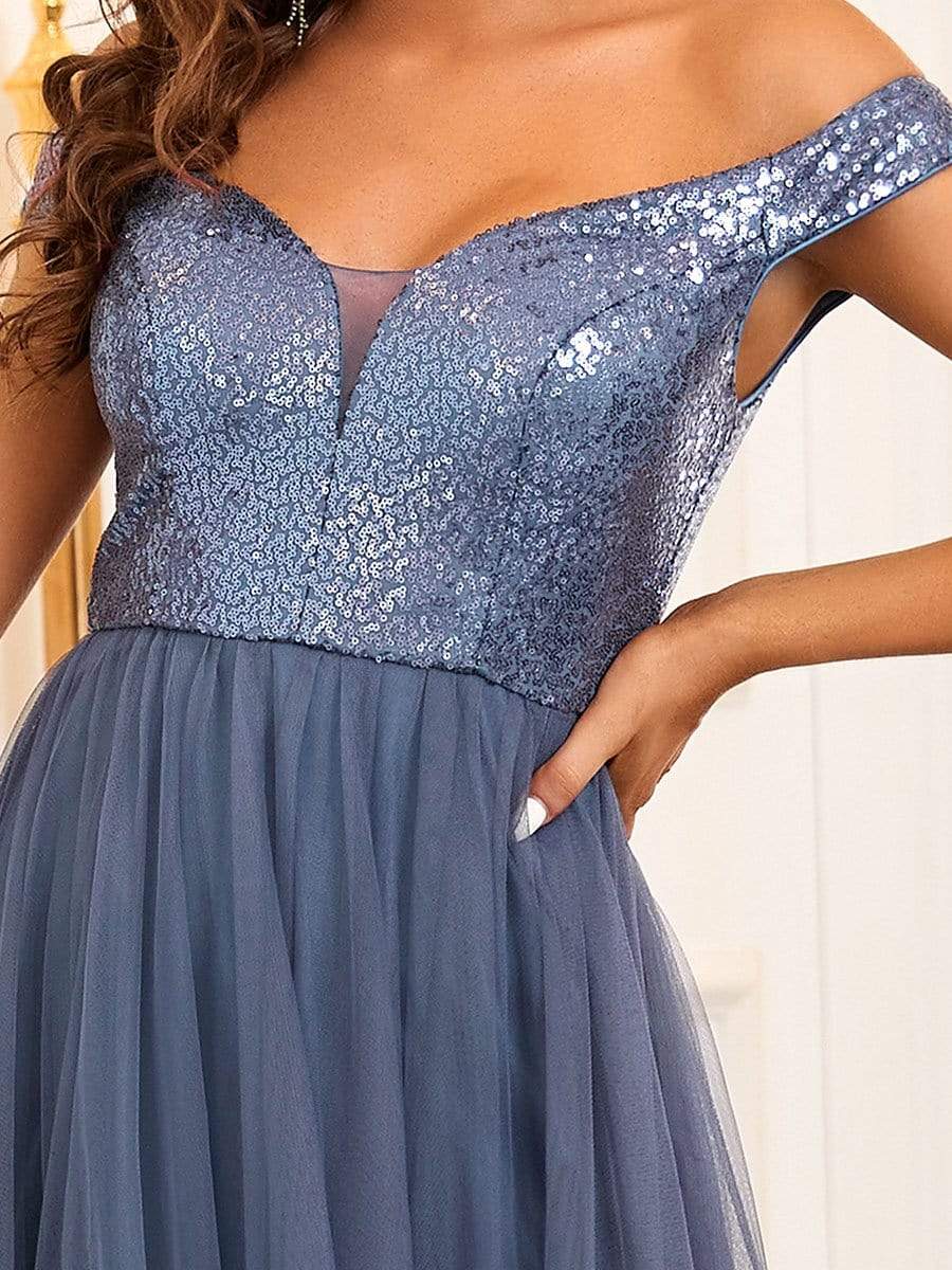 Color=Dusty Navy | Stunning High Waist Tulle & Sequin Sleevless Evening Dress-Dusty Navy 4