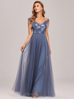 Color=Dusty Navy | Stunning High Waist Tulle & Sequin Sleevless Evening Dress-Dusty Navy 6
