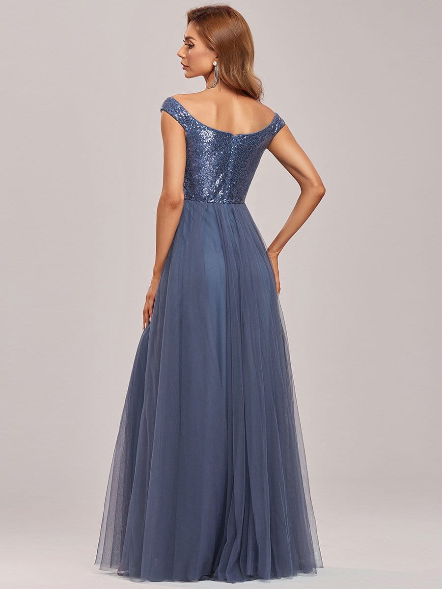 Color=Dusty Navy | Stunning High Waist Tulle & Sequin Sleevless Evening Dress-Dusty Navy 7