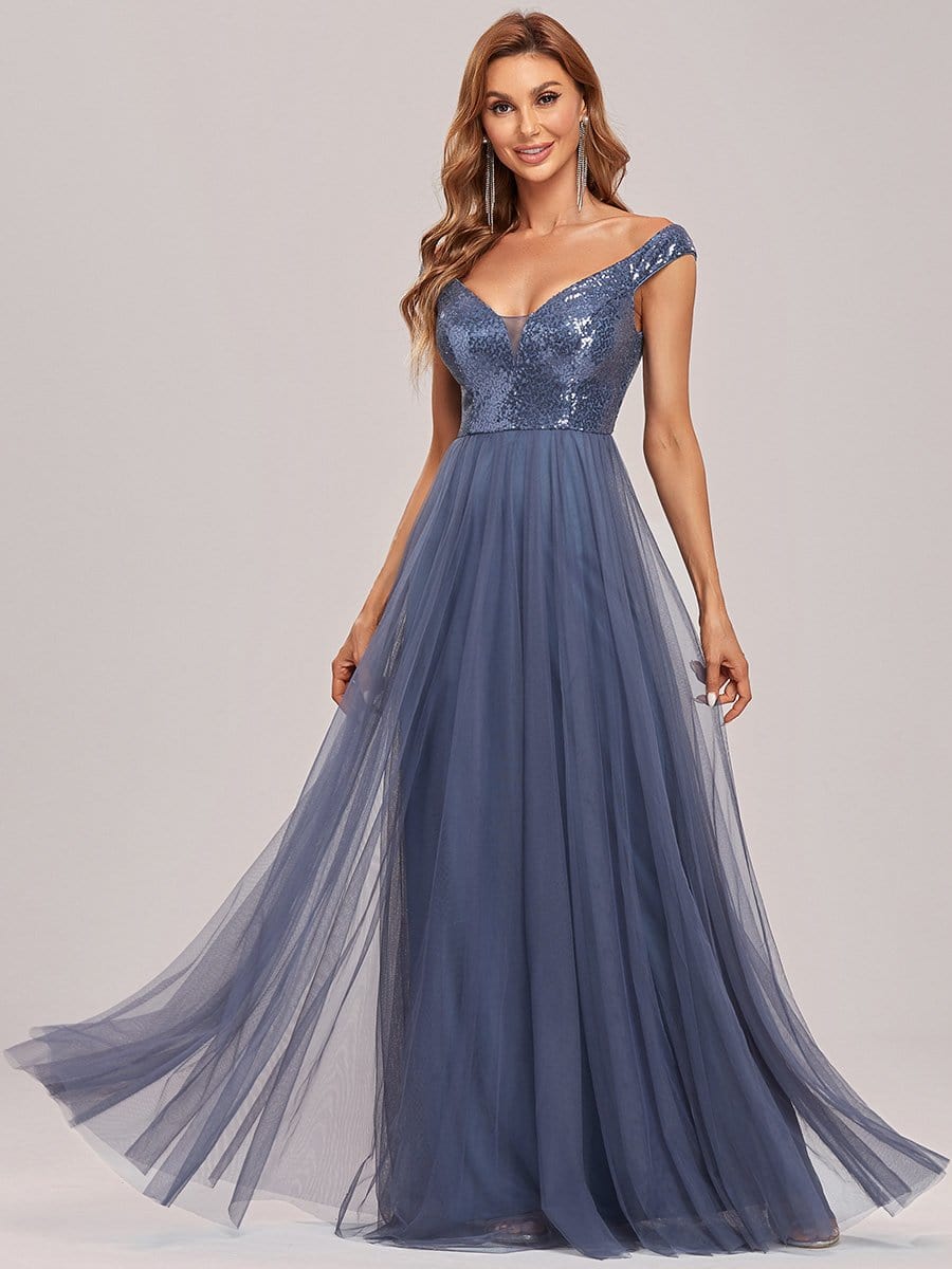 Color=Dusty Navy | Stunning High Waist Tulle & Sequin Sleevless Evening Dress-Dusty Navy 8