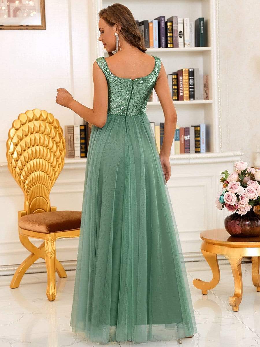 Color=Green Blue | Stunning High Waist Tulle & Sequin Sleevless Evening Dress-Green Blue 2