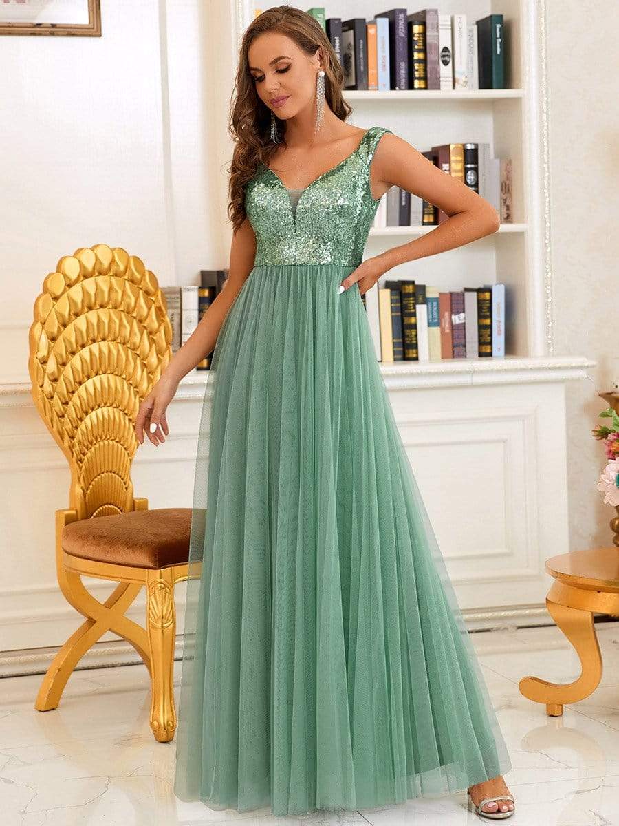 Stunning High Waist Tulle Sequin Sleevless Evening Dress