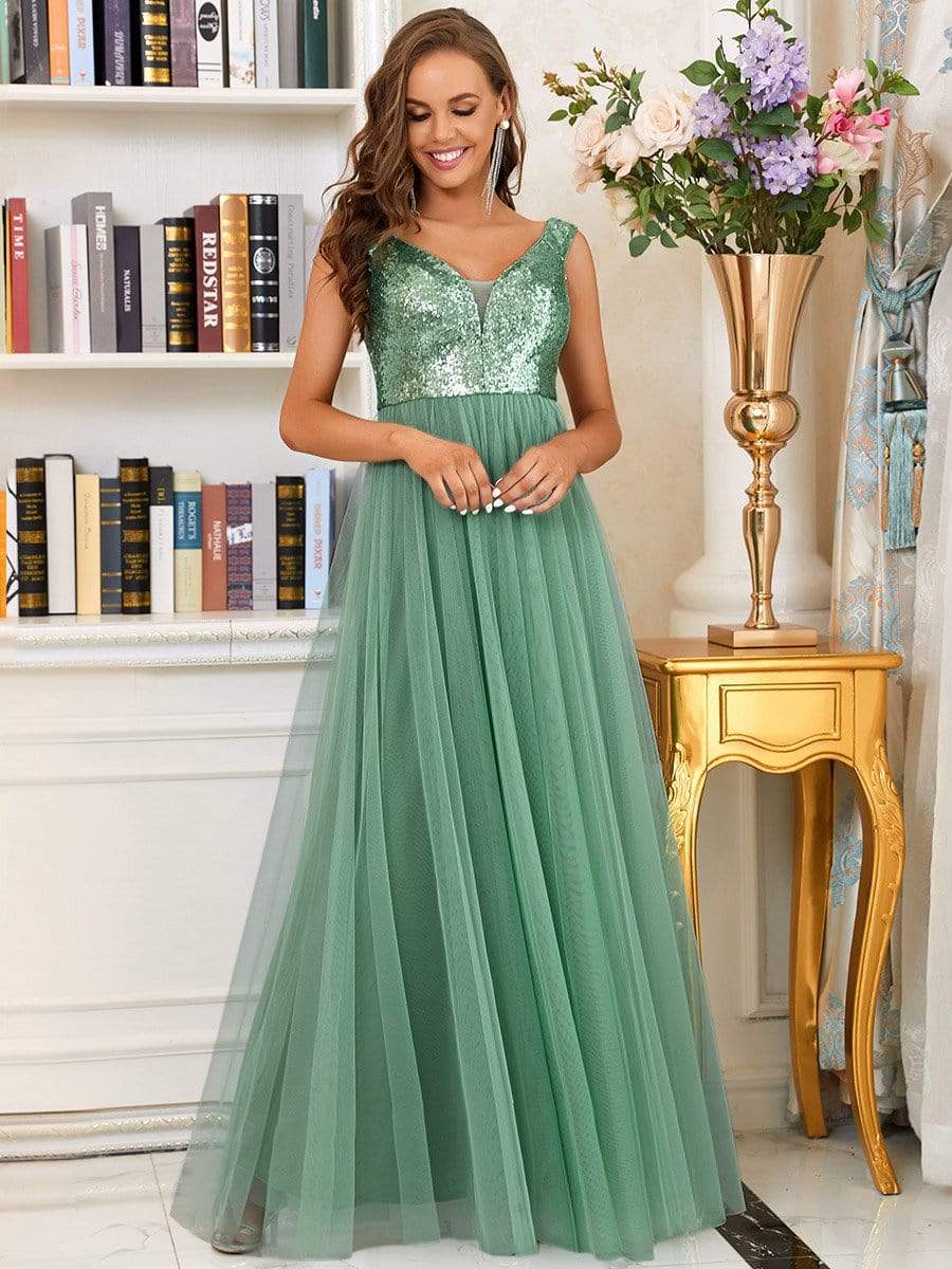 Color=Green Blue | Stunning High Waist Tulle & Sequin Sleevless Evening Dress-Green Blue 5