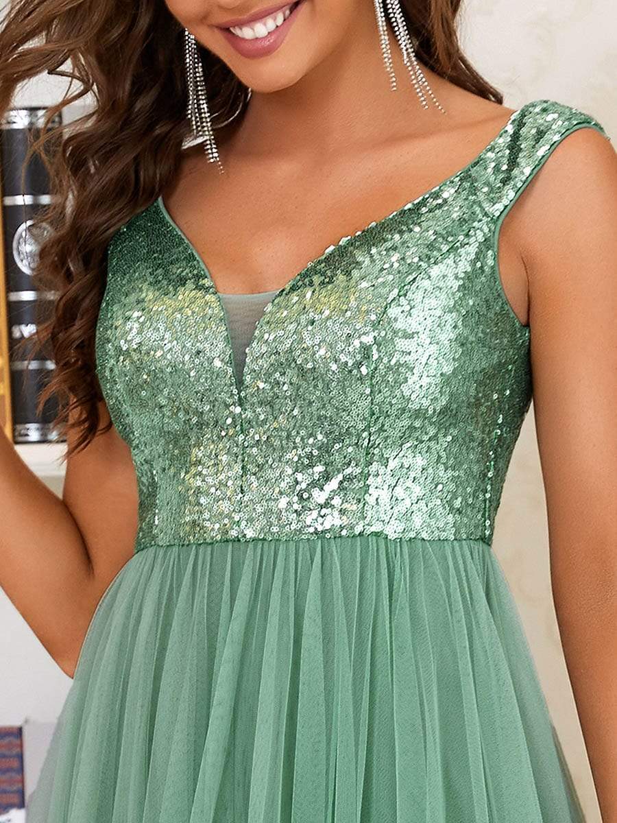 Color=Green Blue | Stunning High Waist Tulle & Sequin Sleevless Evening Dress-Green Blue 4