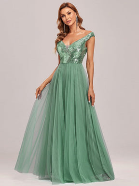 Color=Green Blue | Stunning High Waist Tulle & Sequin Sleevless Evening Dress-Green Blue 6