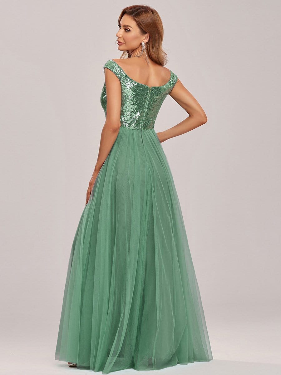 Color=Green Blue | Stunning High Waist Tulle & Sequin Sleevless Evening Dress-Green Blue 7
