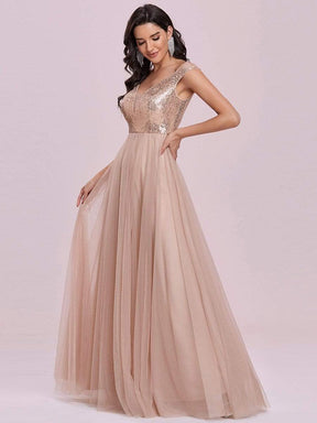 Color=Rose Gold | Stunning High Waist Tulle & Sequin Sleevless Evening Dress-Rose Gold 8