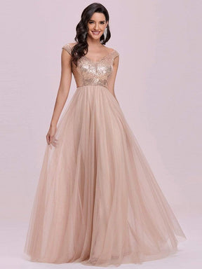 Color=Rose Gold | Stunning High Waist Tulle & Sequin Sleevless Evening Dress-Rose Gold 5