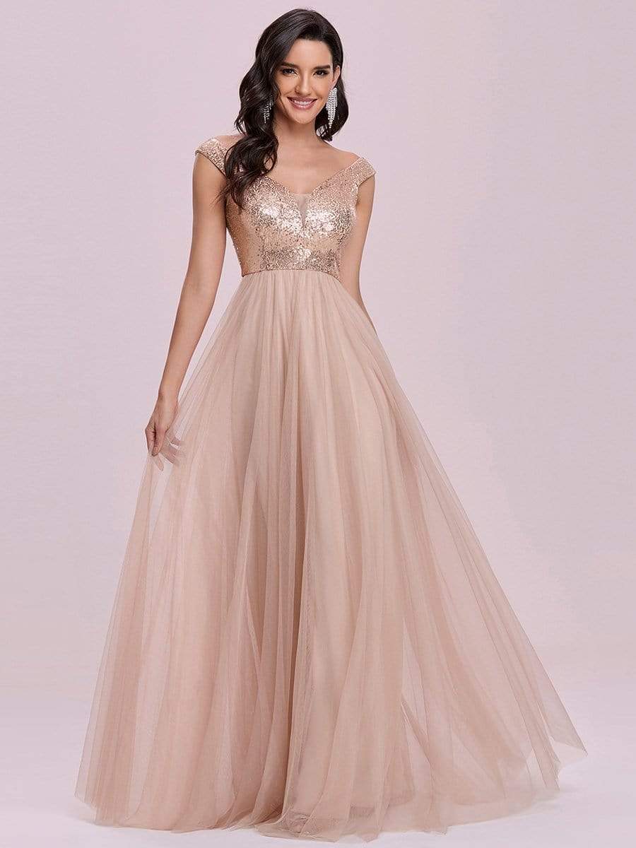 Color=Rose Gold | Stunning High Waist Tulle & Sequin Sleevless Evening Dress-Rose Gold 5