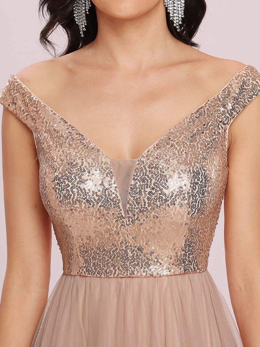 Color=Rose Gold | Stunning High Waist Tulle & Sequin Sleevless Evening Dress-Rose Gold 4