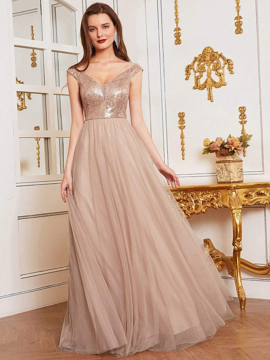 Color=Rose Gold | Stunning High Waist Tulle & Sequin Sleevless Evening Dress-Rose Gold 1