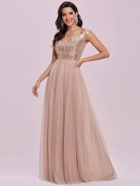 Color=Rose Gold | Stunning High Waist Tulle & Sequin Sleevless Evening Dress-Rose Gold 6