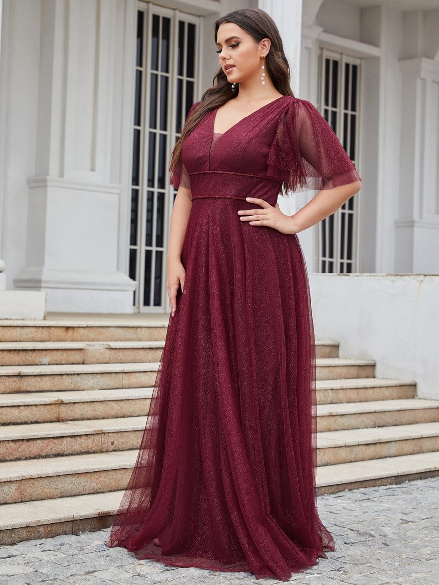 Color=Burgundy | Romantic Plus Size Tulle Evening Dress With Deep V Neck-Burgundy 3