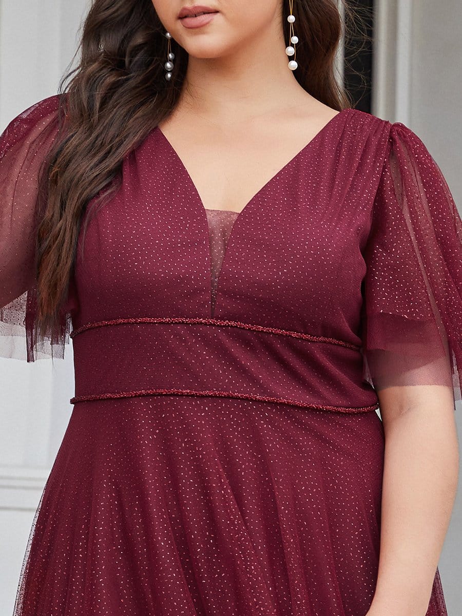 Color=Burgundy | Romantic Plus Size Tulle Evening Dress With Deep V Neck-Burgundy 4
