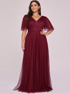 Color=Burgundy | Romantic Plus Size Tulle Evening Dress With Deep V Neck-Burgundy 6