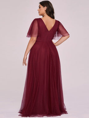 Color=Burgundy | Romantic Plus Size Tulle Evening Dress With Deep V Neck-Burgundy 7