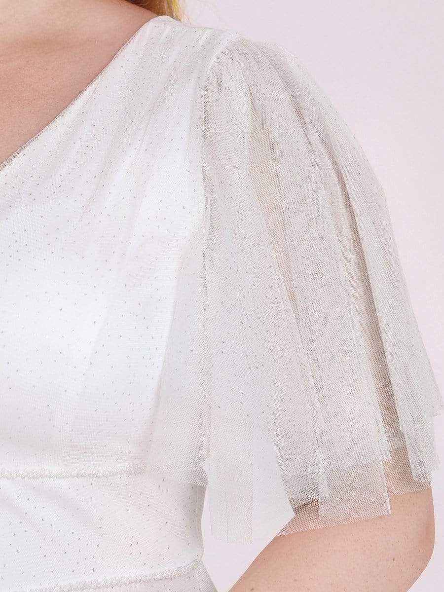 Color=Cream | Romantic Plus Size Tulle Evening Dress With Deep V Neck-Cream 3