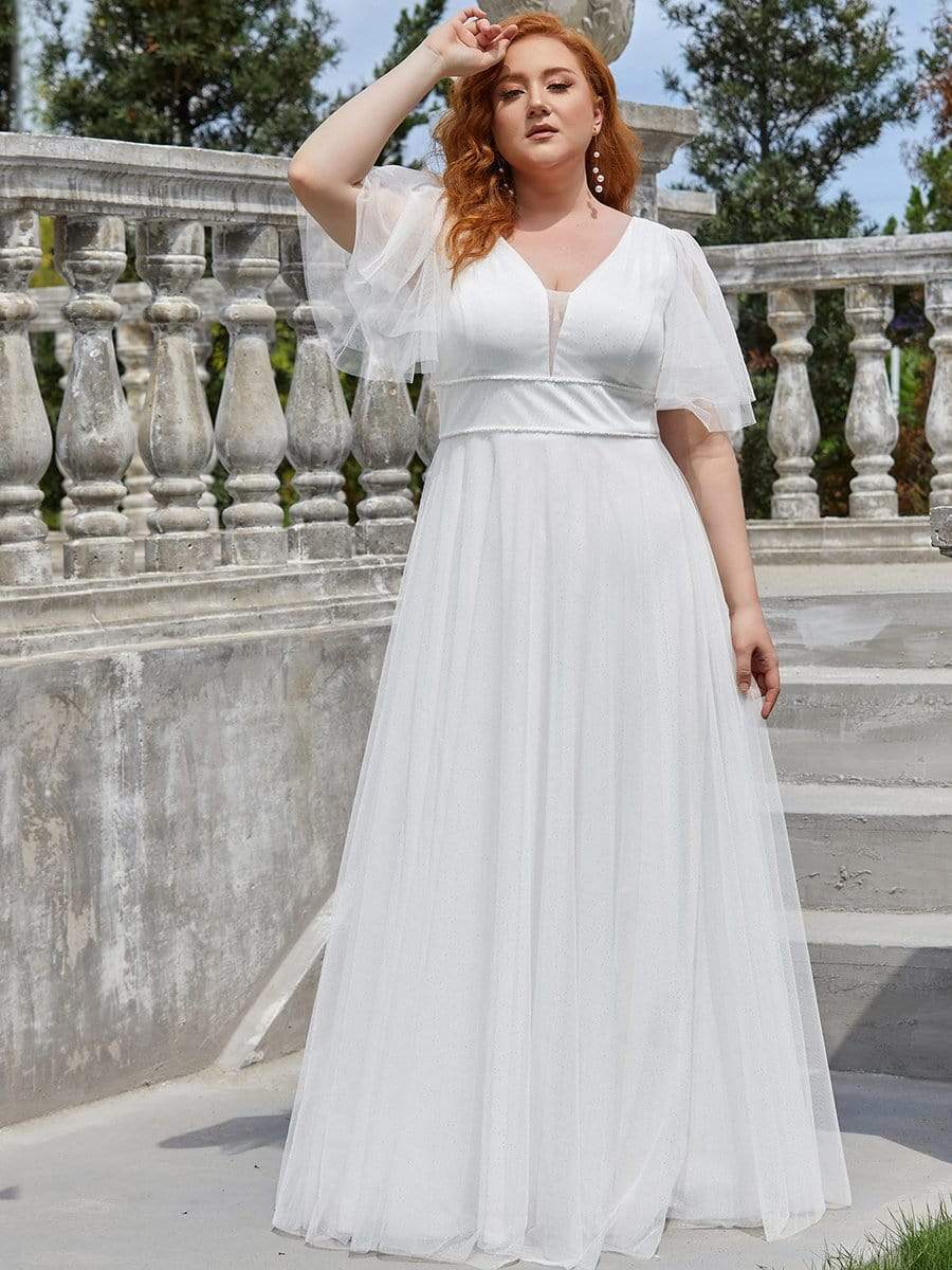 Color=Cream | Romantic Plus Size Tulle Evening Dress With Deep V Neck-Cream 1