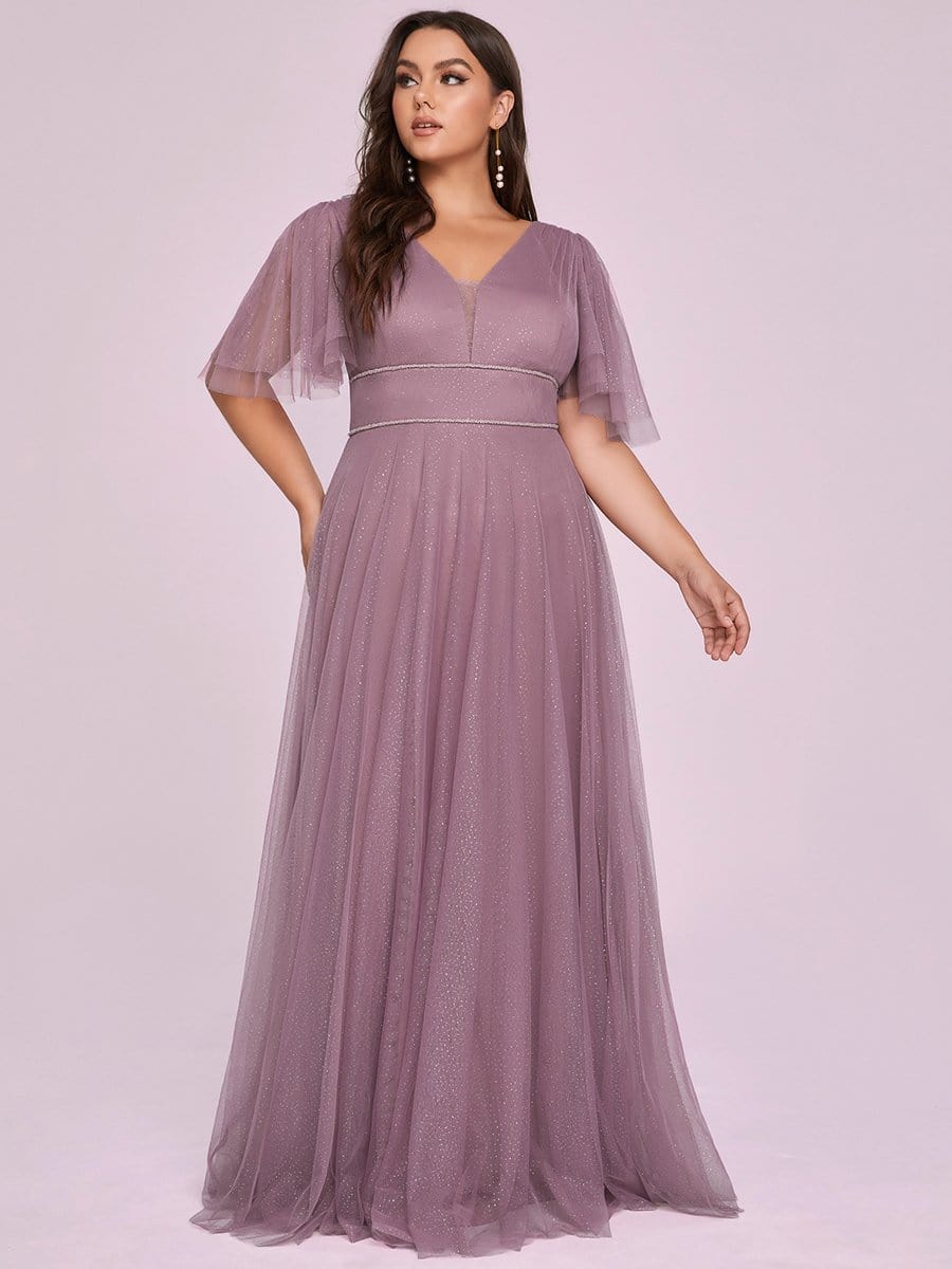 Color=Purple Orchid | Romantic Plus Size Tulle Evening Dress With Deep V Neck-Purple Orchid 3