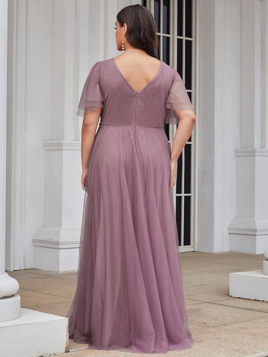 Color=Purple Orchid | Romantic Plus Size Tulle Evening Dress With Deep V Neck-Purple Orchid 2