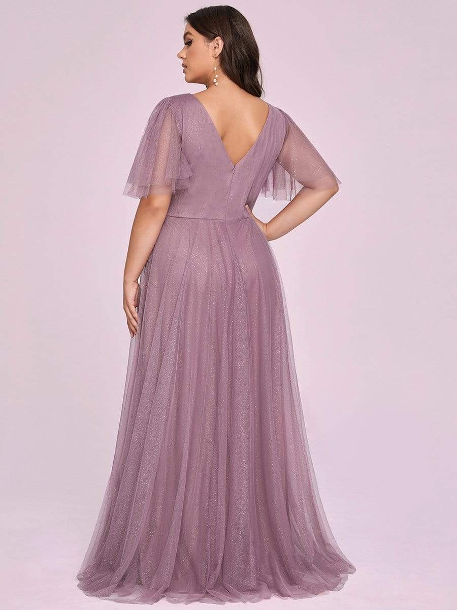Color=Purple Orchid | Romantic Plus Size Tulle Evening Dress With Deep V Neck-Purple Orchid 6