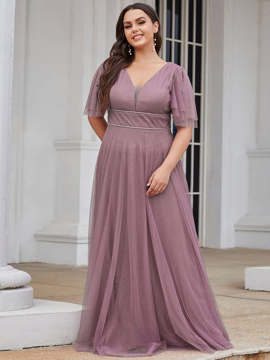 Color=Purple Orchid | Romantic Plus Size Tulle Evening Dress With Deep V Neck-Purple Orchid 1