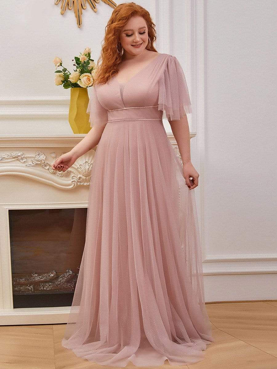 Color=Pink | Romantic Plus Size Tulle Evening Dress With Deep V Neck-Pink 4