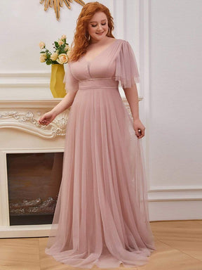 Color=Pink | Cute Deep V Neck Maxi A-Line Tulle Evening Dress-Pink 5
