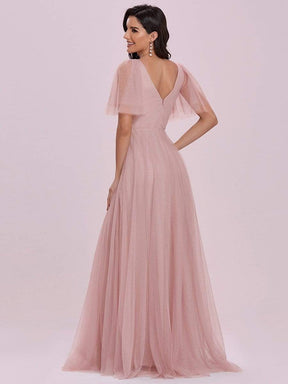 Color=Pink | Cute Deep V Neck Maxi A-Line Tulle Evening Dress-Pink 4