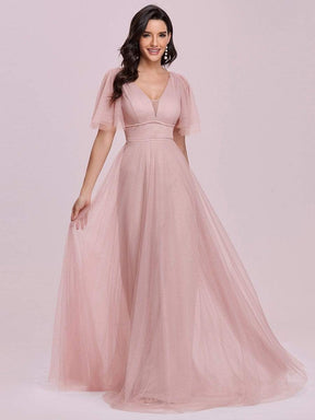 Color=Pink | Cute Deep V Neck Maxi A-Line Tulle Evening Dress-Pink 3