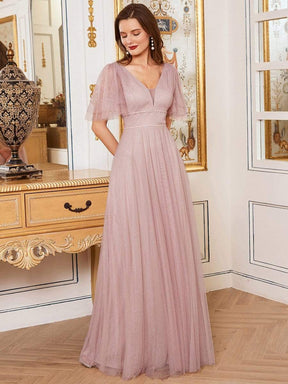 Color=Pink | Cute Deep V Neck Maxi A-Line Tulle Evening Dress-Pink 1