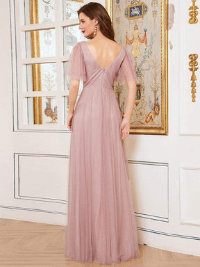Color=Pink | Cute Deep V Neck Maxi A-Line Tulle Evening Dress-Pink 2