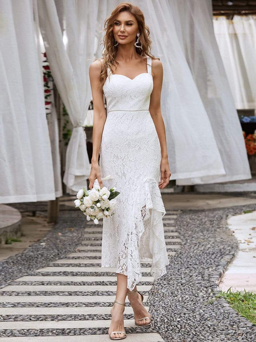 Color=Cream | Sleeveless Sweetheart Embroider Floral Asymmetrical Hem Wedding Dress-Cream 1
