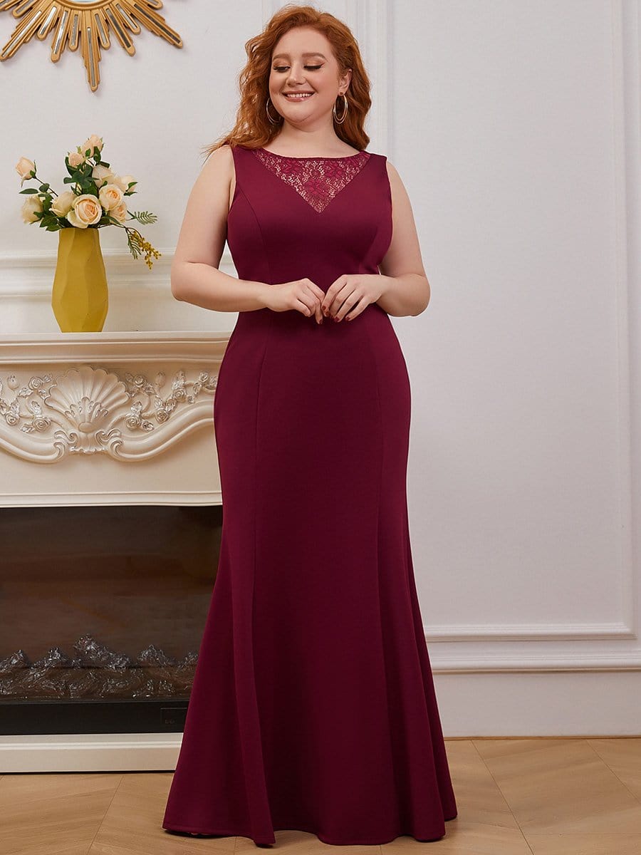 Color=Burgundy | Plus Size Floor Length Sleeveless Round Neck Evening Dress-Burgundy 3