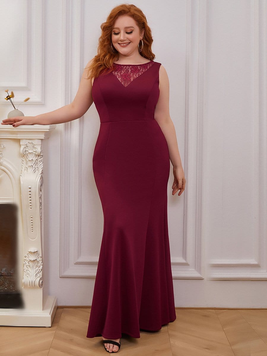 Color=Burgundy | Plus Size Floor Length Sleeveless Round Neck Evening Dress-Burgundy 4