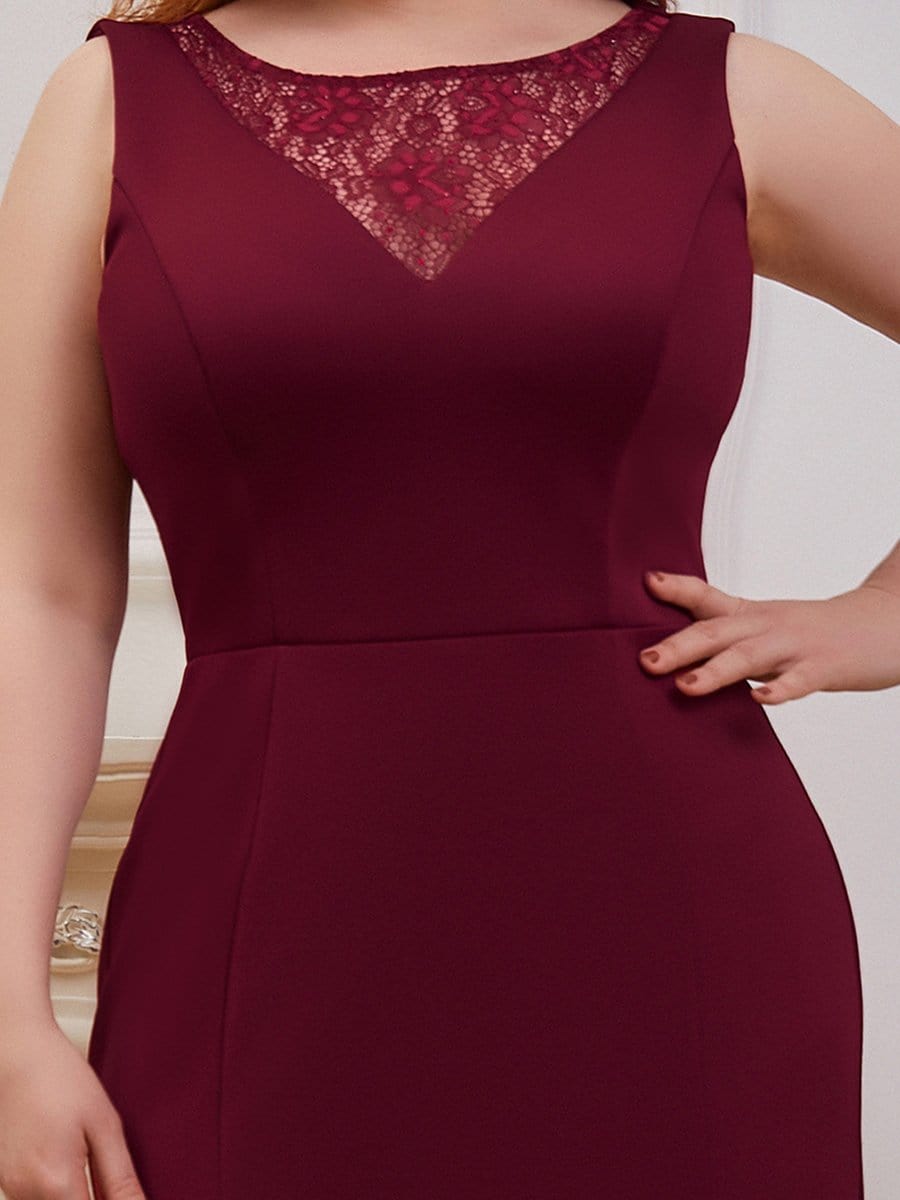 Color=Burgundy | Plus Size Floor Length Sleeveless Round Neck Evening Dress-Burgundy 5