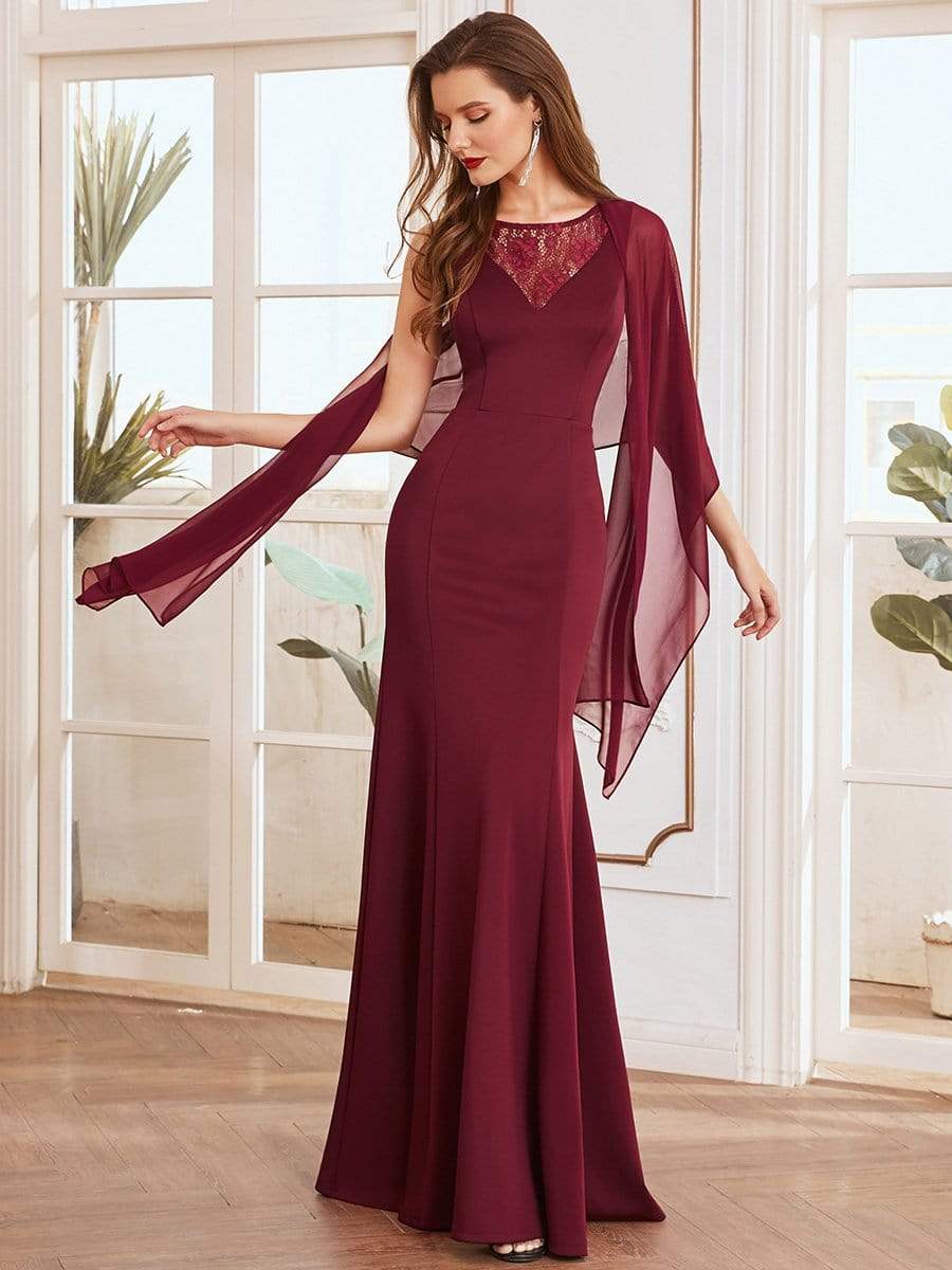 Color=Burgundy | Modest Maxi Mermaid Evening Dress With Chiffon Wrap-Burgundy 1