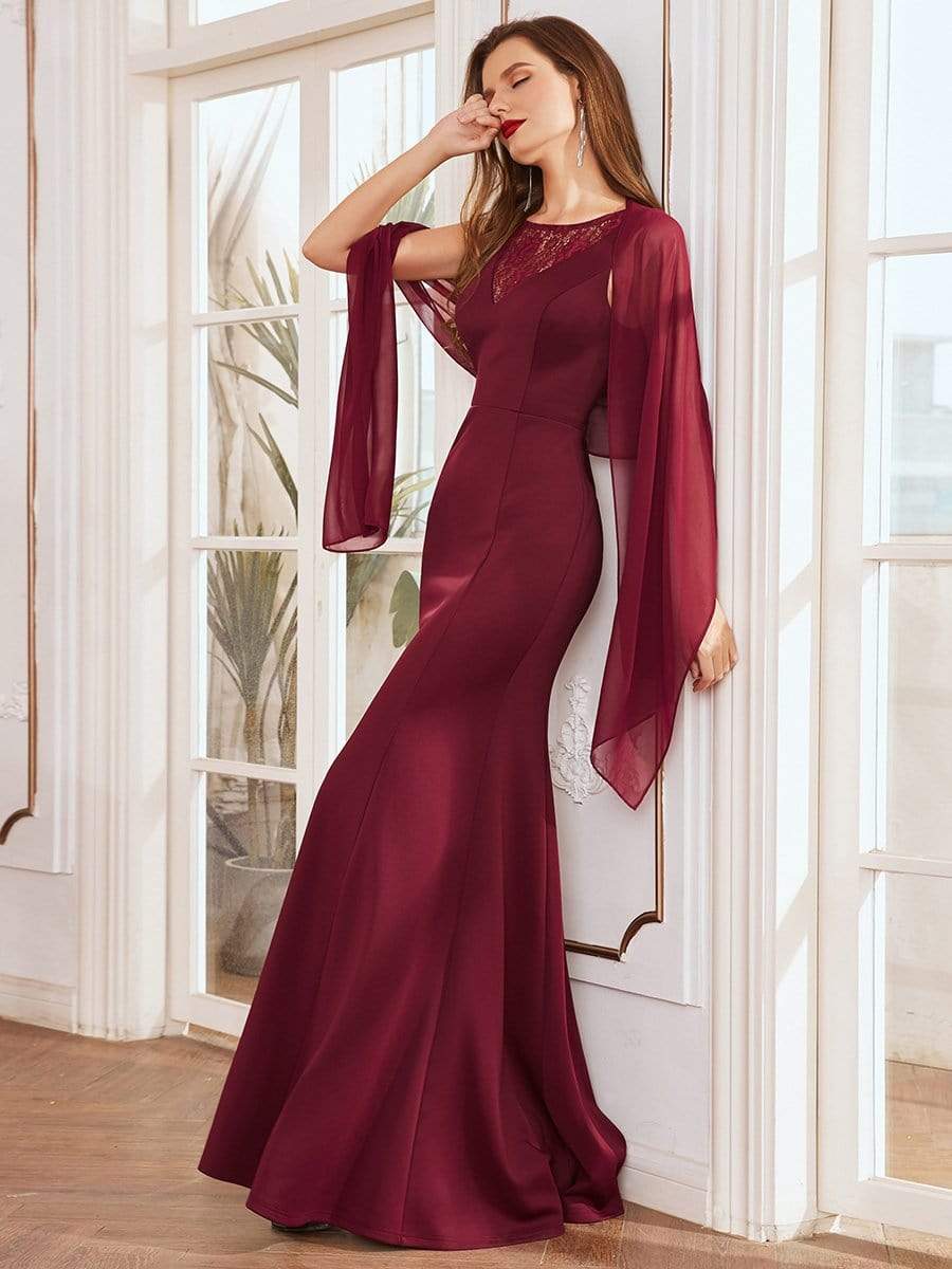 Color=Burgundy | Modest Maxi Mermaid Evening Dress With Chiffon Wrap-Burgundy 3