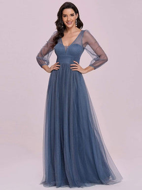 Color=Dusty Navy | A-line Deep V-neck Bridesmaid Dress with Lantern Sleeves-Dusty Navy 7
