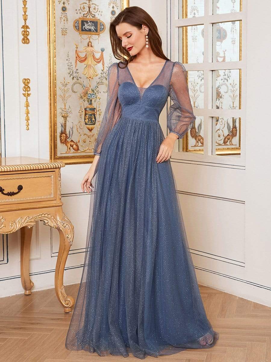 Color=Dusty Navy | A-line Deep V-neck Bridesmaid Dress with Lantern Sleeves-Dusty Navy 3