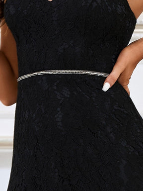 Color=Black | Deep V Neck Spaghetti Straps High-Low Skirt Embroider Wedding Dress-Black 3