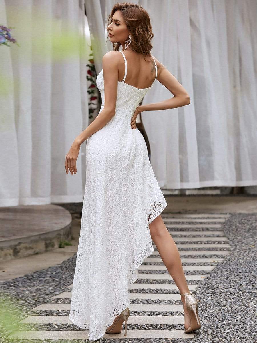 Color=Cream | Deep V Neck Spaghetti Straps High-Low Skirt Embroider Wedding Dress-Cream 2