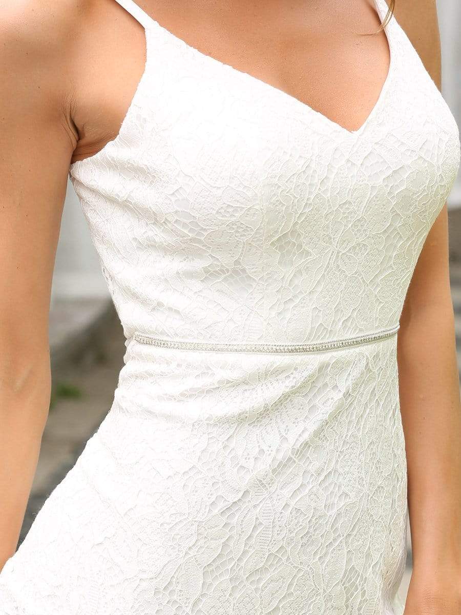 Color=Cream | Deep V Neck Spaghetti Straps High-Low Skirt Embroider Wedding Dress-Cream 4