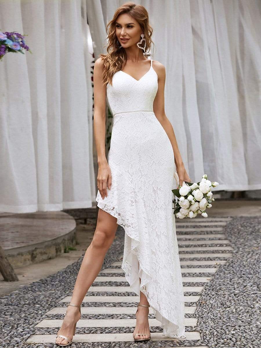 Color=Cream | Deep V Neck Spaghetti Straps High-Low Skirt Embroider Wedding Dress-Cream 1
