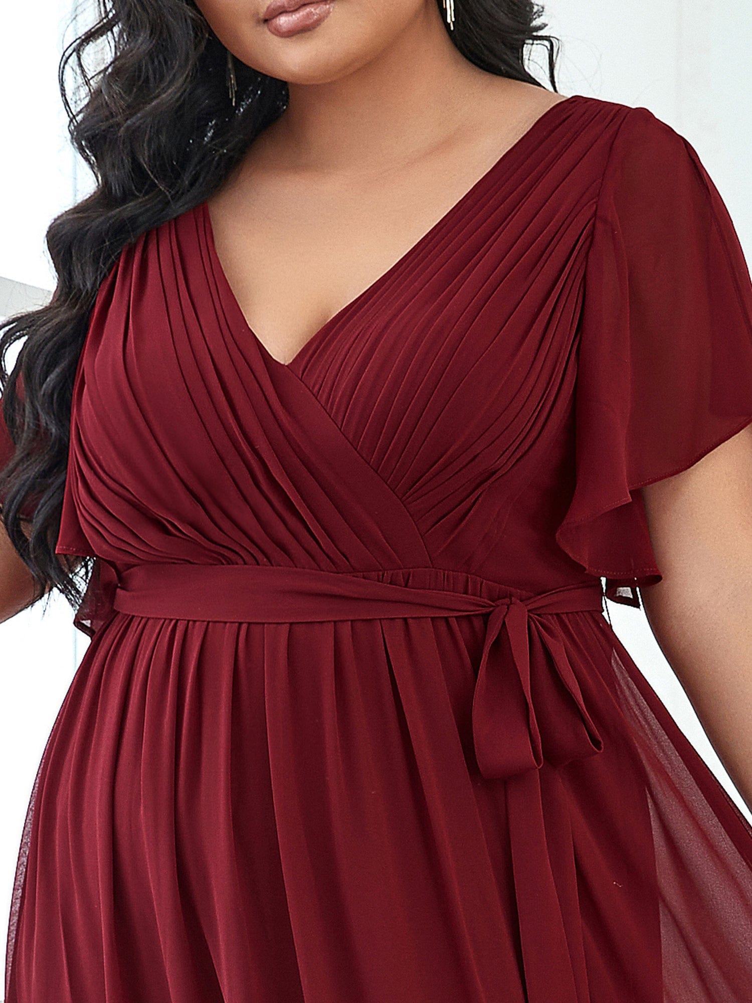 V-Neck Flutter Sleeve Floor-Length A-Line Chiffon Evening Dress #color_Burgundy